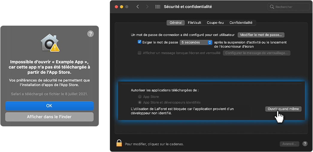 Allez dans les Préférences Système : Sécurité et confidentialité, Général, puis autorisez « LaForet.app »
