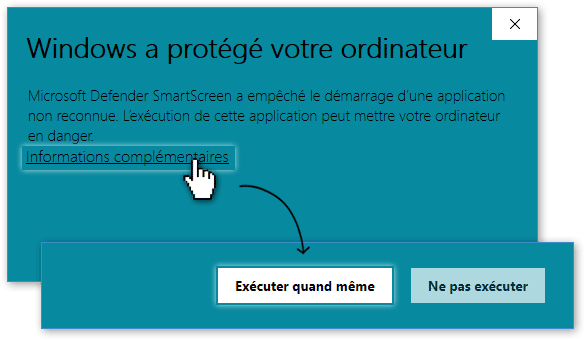Cliquez sur « Informations complémentaires », puis « Exécuter quand même »